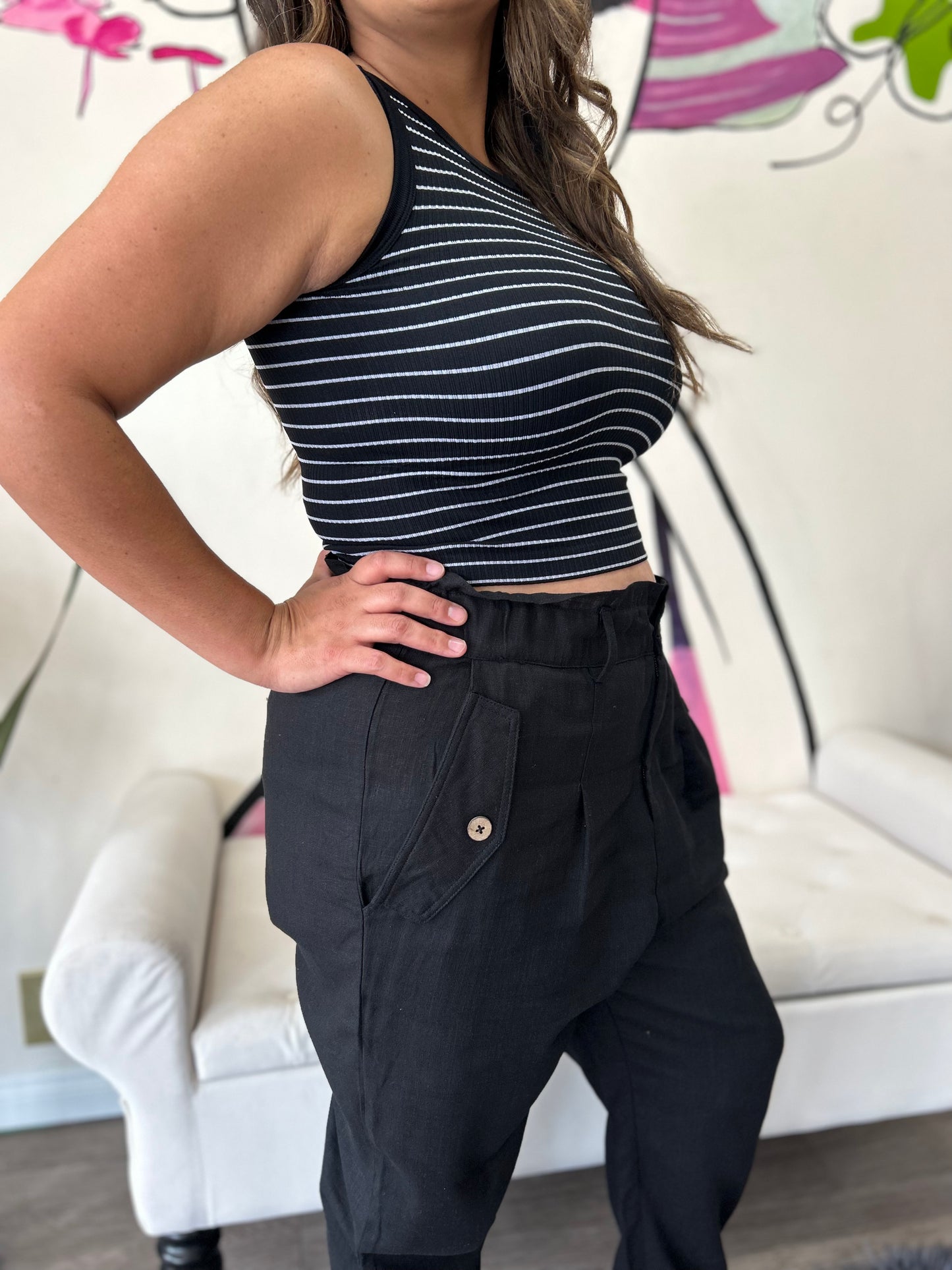 Crop Striped Tank in Black