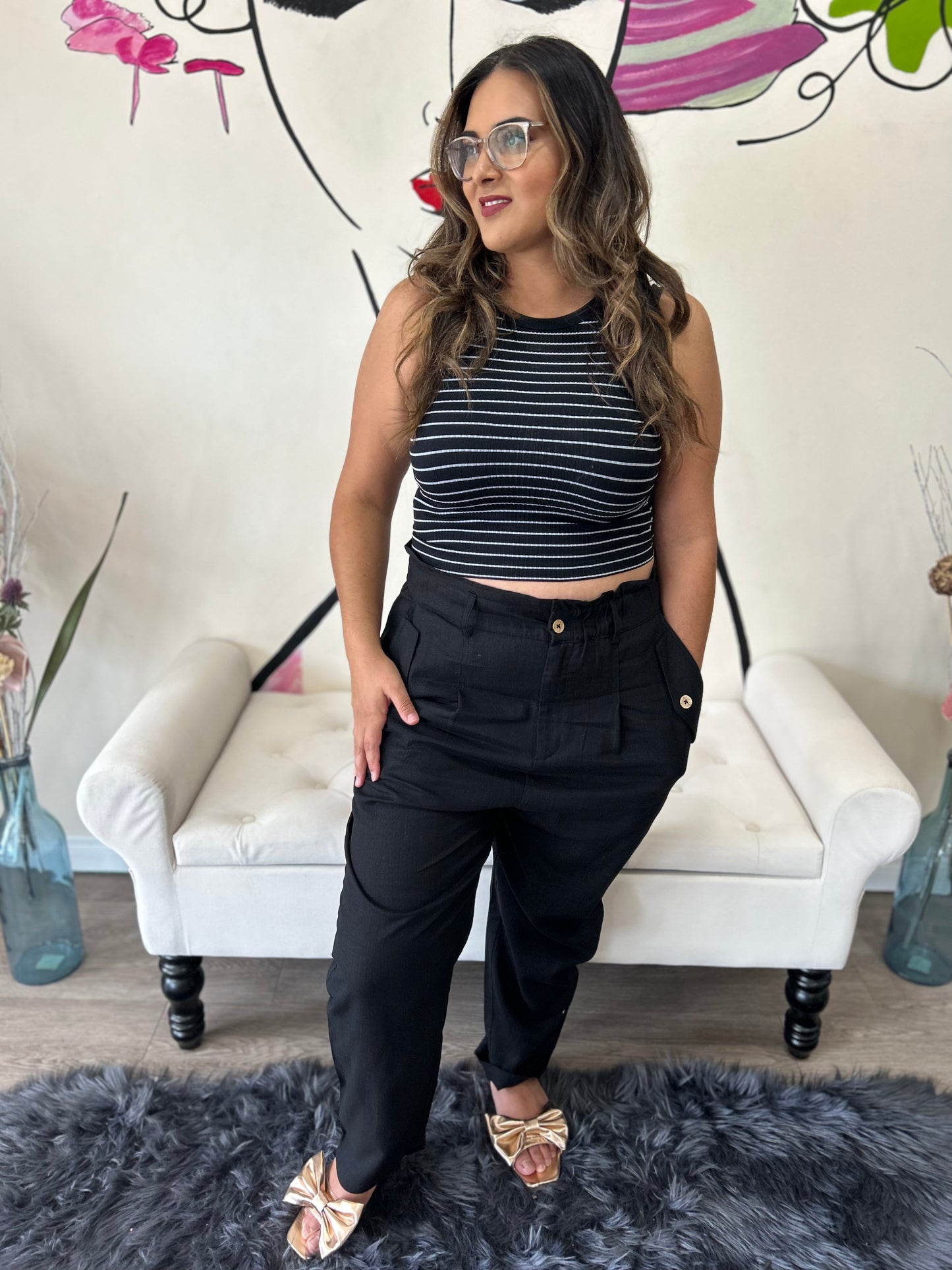 Crop Striped Tank in Black