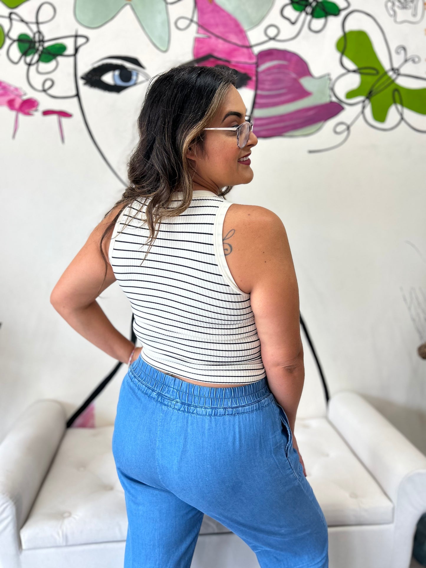 Crop Striped Tank in Ivory