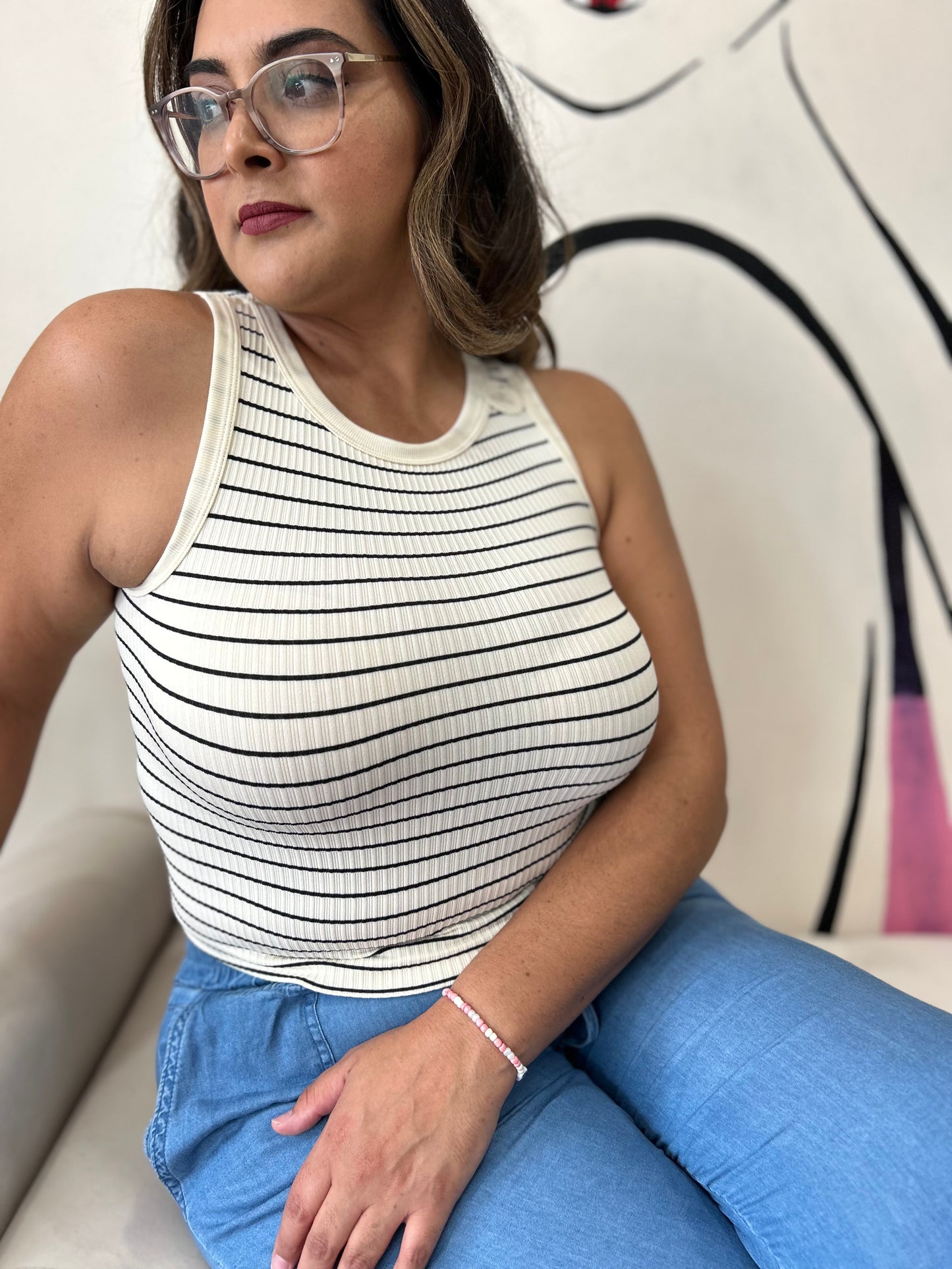 Crop Striped Tank in Ivory