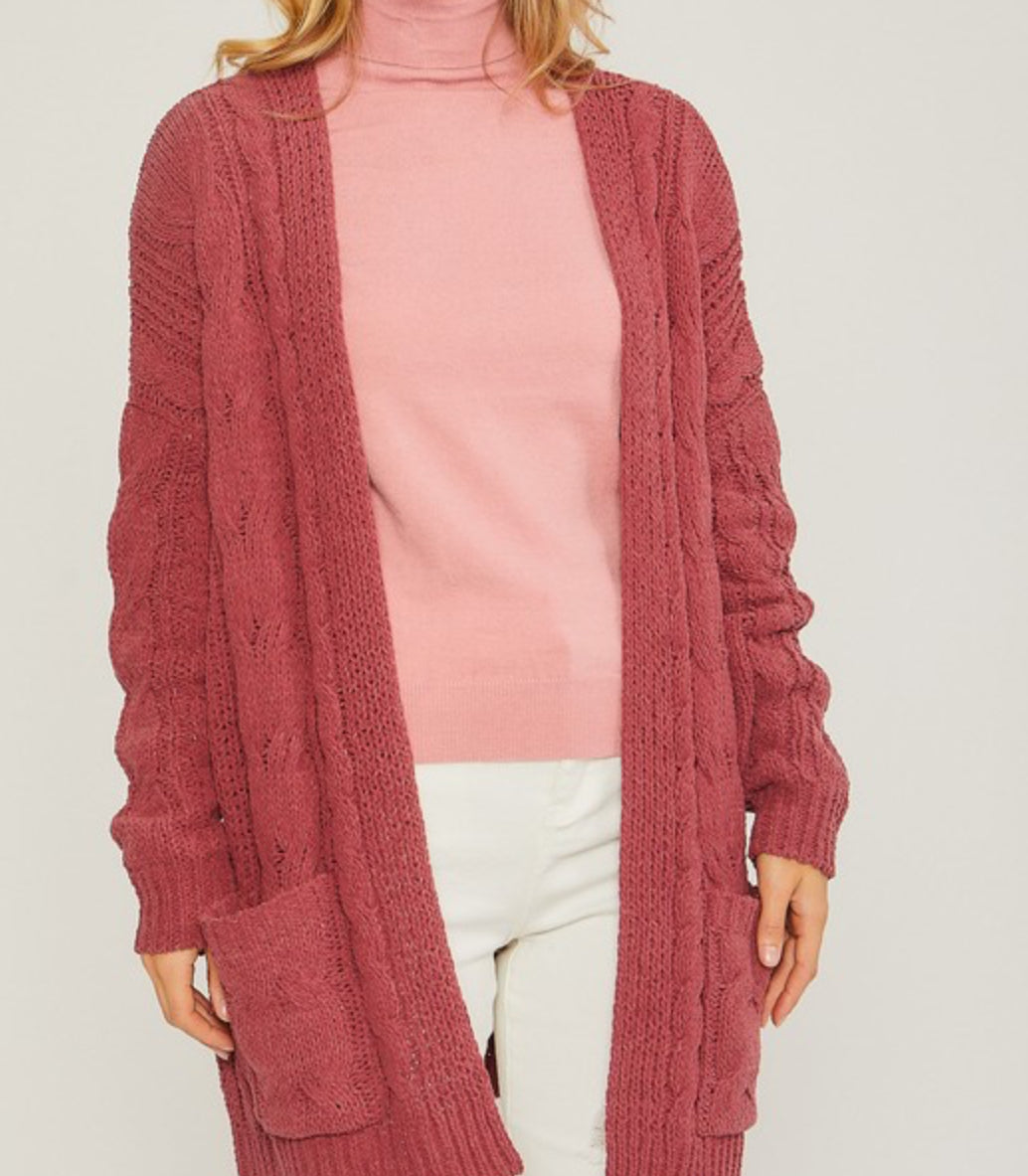 Cable Knit Oversized Cardigan in Cherry