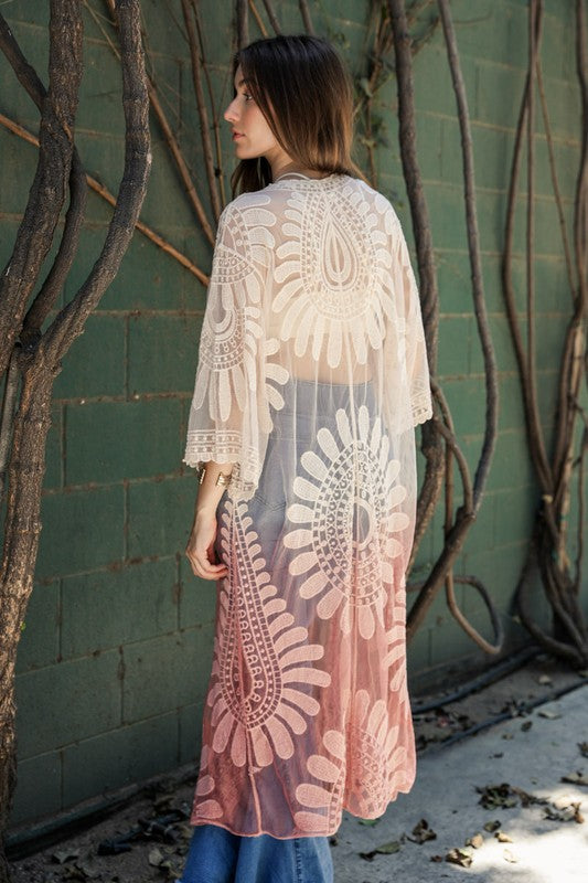 modeling wearing sheer flower kimono