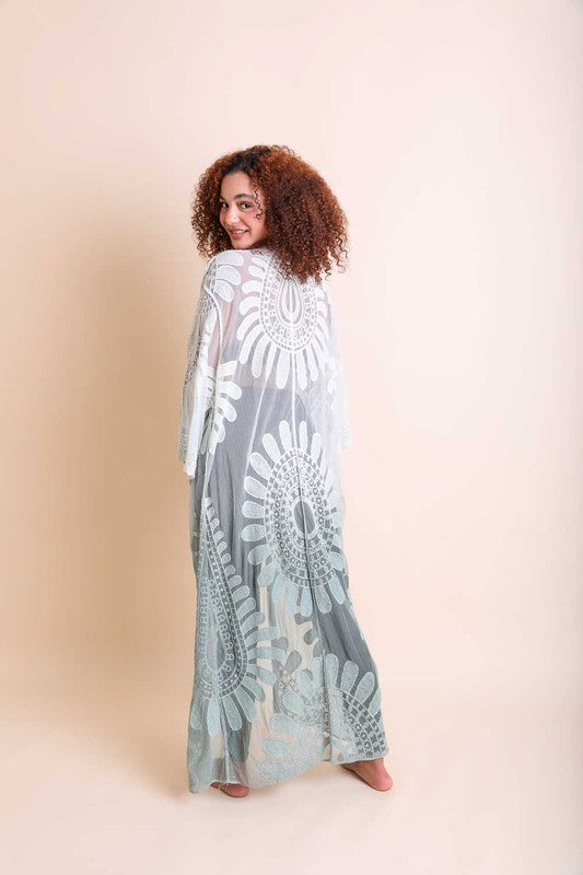 modeling wearing sheer flower kimono