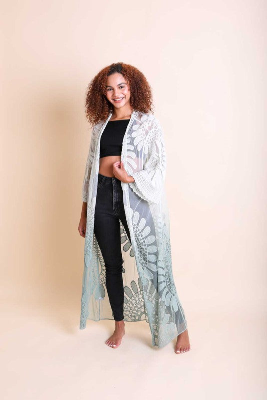 modeling wearing sheer flower kimono