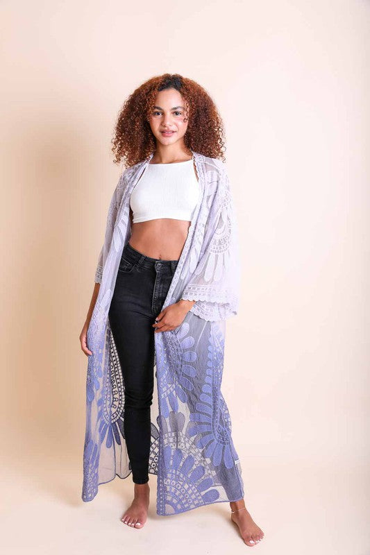 modeling wearing sheer flower kimono