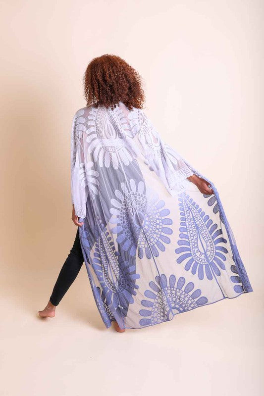 modeling wearing sheer flower kimono