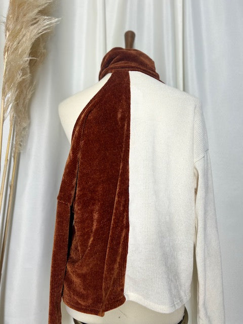 back of a trendy off the shoulder sweater with a boho back view