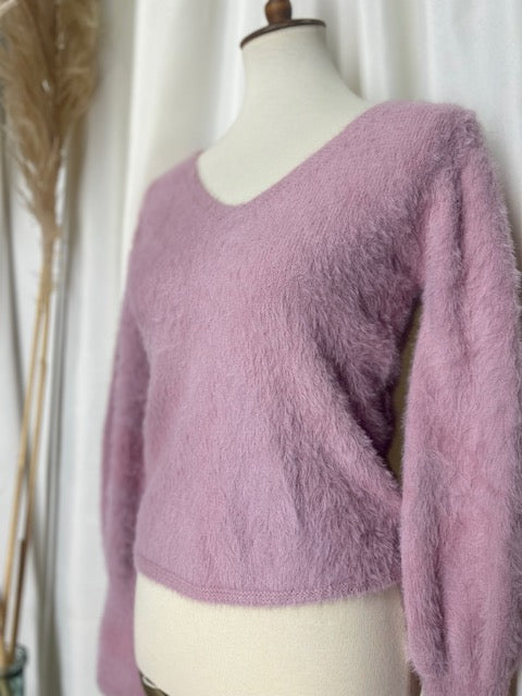 v neck mauve pink soft fuzzy sweater top with small flare sleeve at the cuff