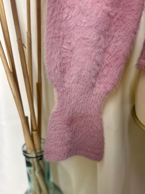 v neck mauve pink soft fuzzy sweater top with small flare sleeve at the cuff