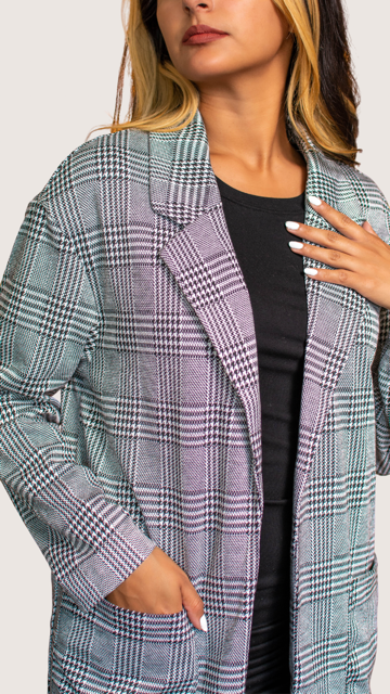 model wearing plaid blazer with collar detail