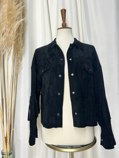open front black suede fringe jacket top
