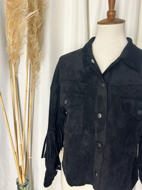 wester boho black fringe button down shacket