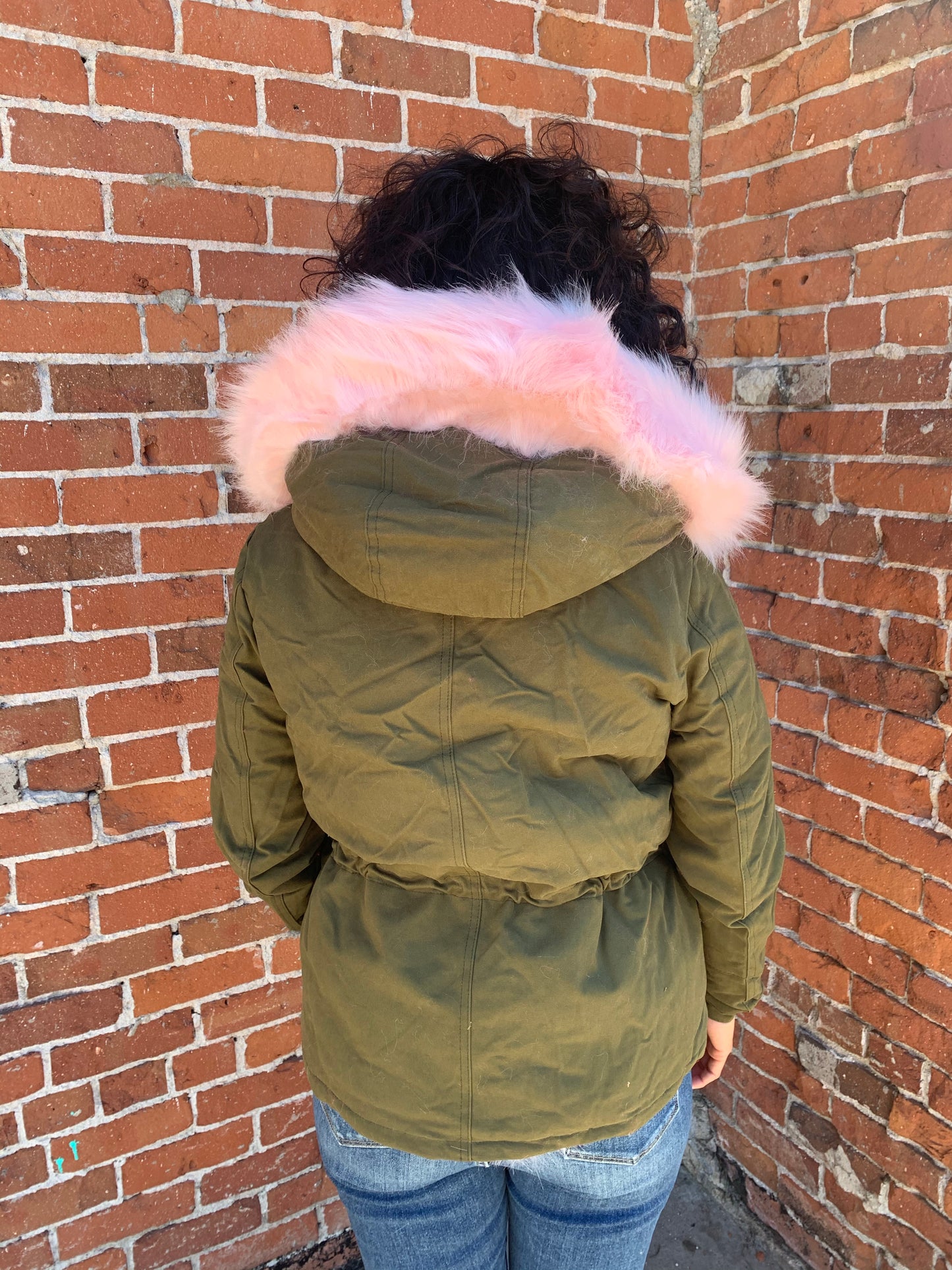 pink and olive parka jacket