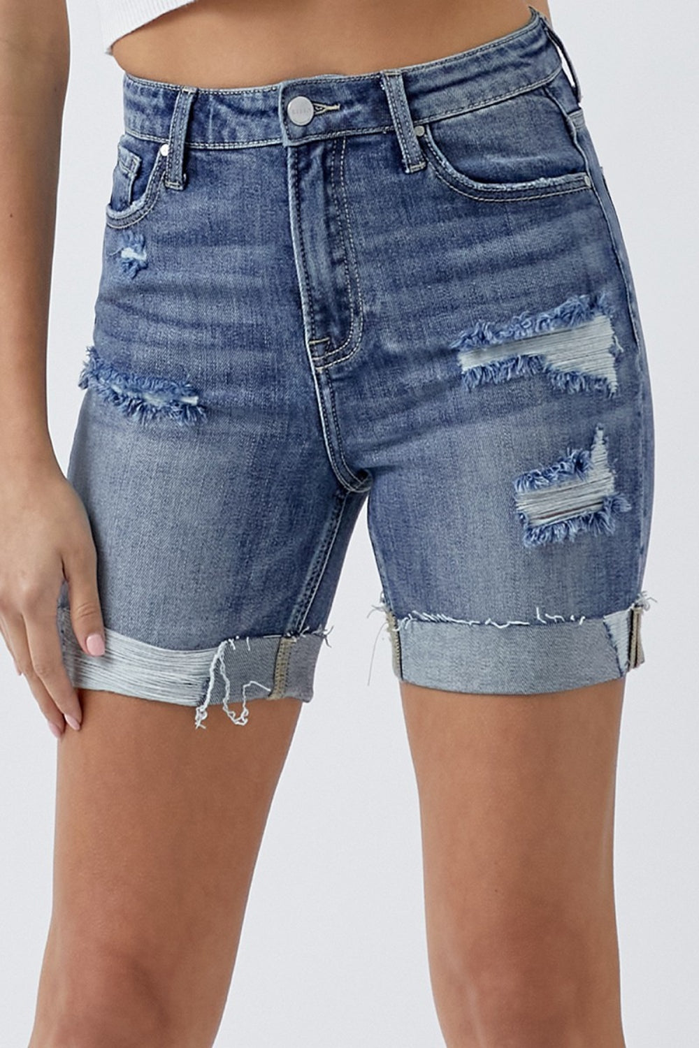 RISEN Distressed Rolled Denim Shorts