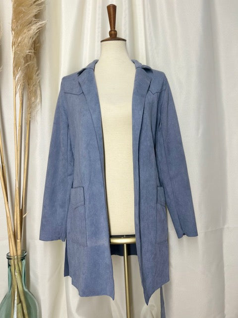 Open front soft blue coat for work or play a must have