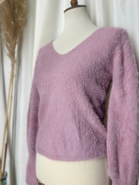 v neck mauve pink soft fuzzy sweater top with small flare sleeve at the cuff 