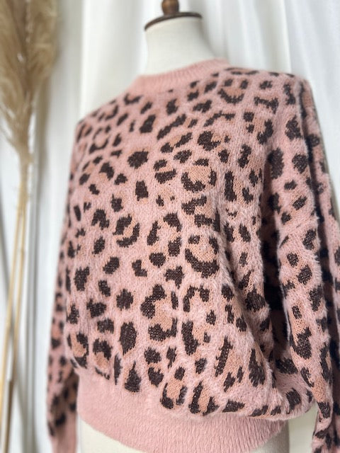trendy stylish pink and brown leopard print sweater displayed on mannequin with pampas boho back drop