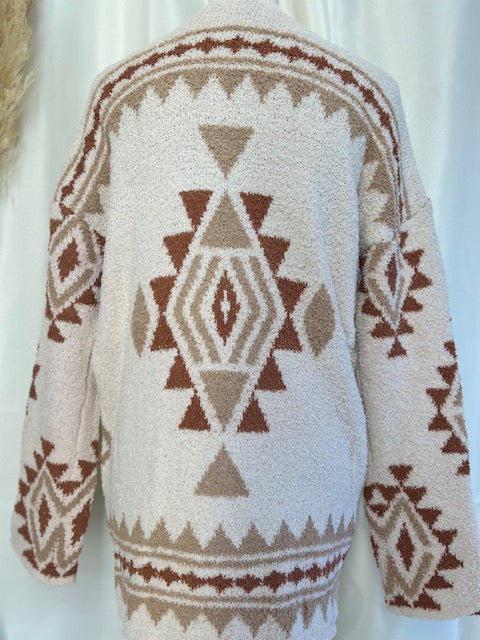 full aztec print on the back of a bohemian western cardigan