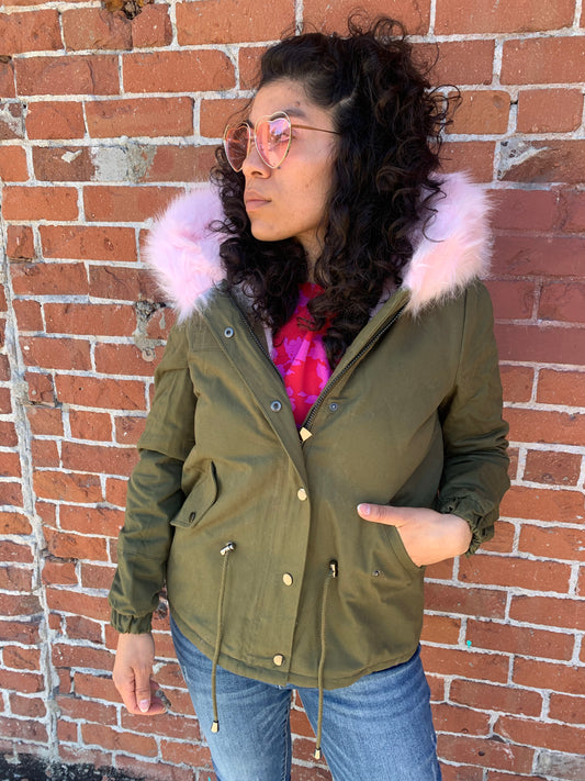 olive cargo jacket lined with pink faux fur