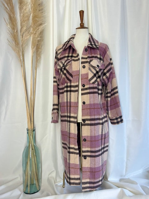 open front plaid flannel coat on a mannequin with trending boho back ground