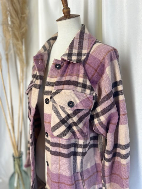 plaid shacket with patch pockets on display